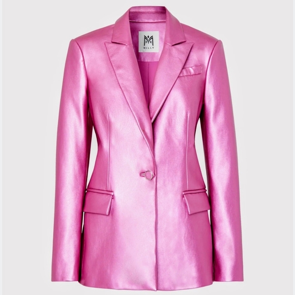 Revolve Milly Vegan Alexa  Crinkled Leather Blazer in Pink, Metallic, 6, NWT - Picture 1 of 11